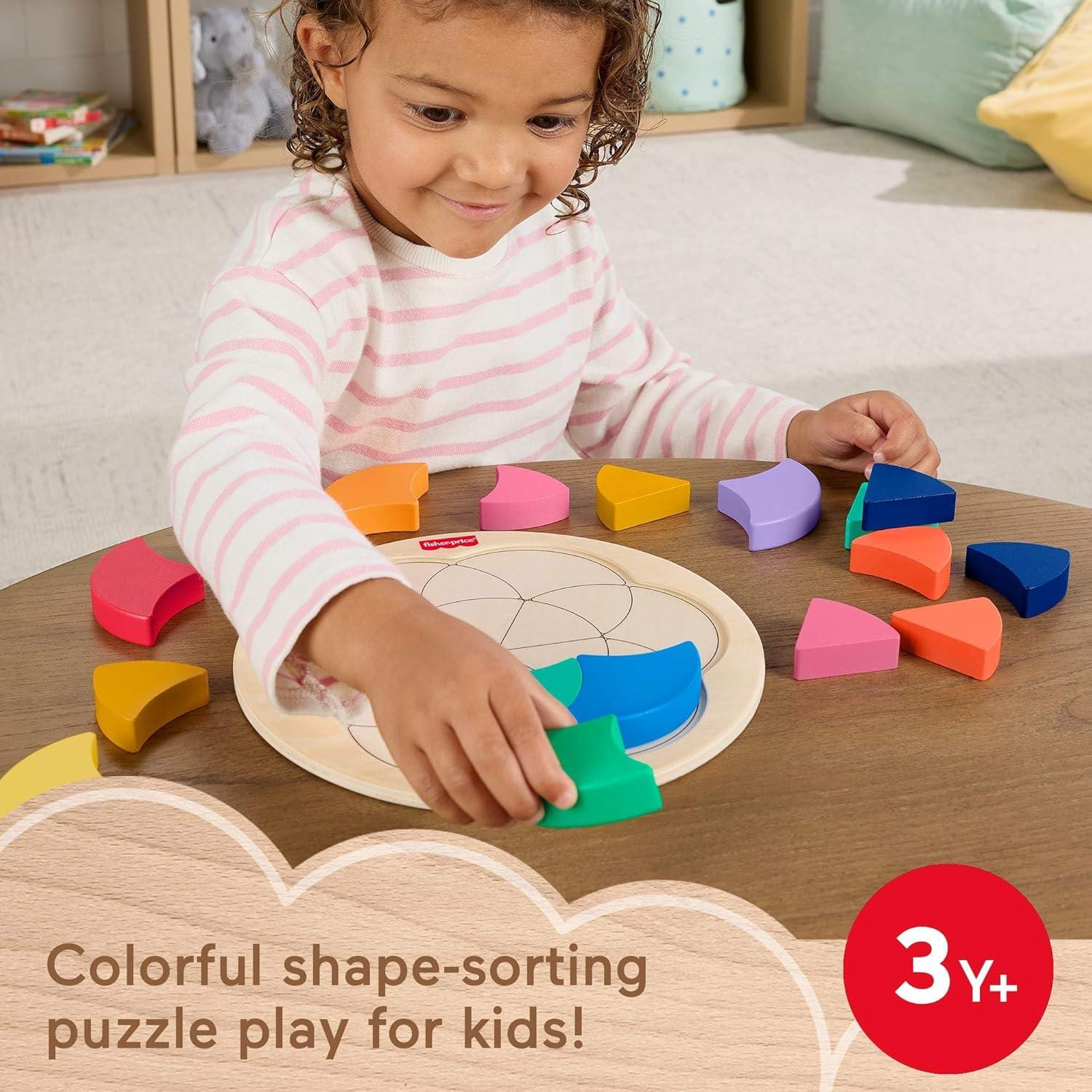 imageFisherPrice Wood Preschool Toy Color Wheel Puzzle 19 Wooden Pieces for ShapeSorting Play Preschool Kids Ages 3 Years