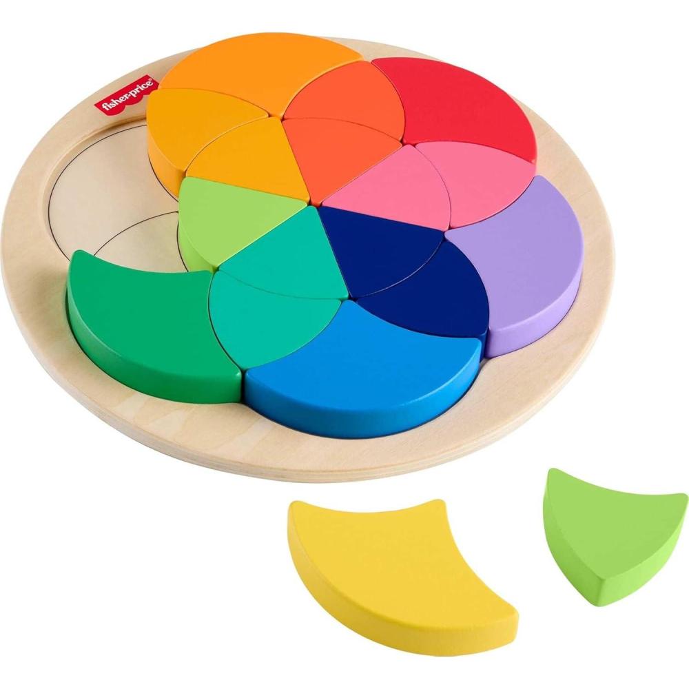 imageFisherPrice Wood Preschool Toy Color Wheel Puzzle 19 Wooden Pieces for ShapeSorting Play Preschool Kids Ages 3 Years