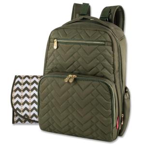imageBaby Essentials FisherPrice Signature Morgan Quilted Backpack Diaper Bag with Changing Pad Stroller Clips Laptop Compartment Olive