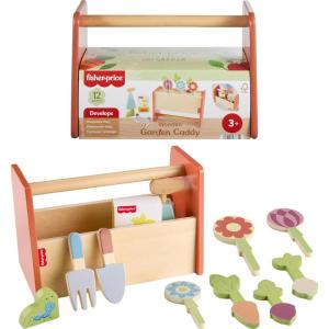 imageFisherPrice Wood Pretend Play Toy Tiny Garden Caddy 12Piece Set with Wooden Tools ampamp Plants for Preschool Kids Ages 3 Years Amazon Exclusive