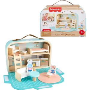 imageFisherPrice Wood Pretend Play Toy Dollhouse Carry Along 15Piece Wooden Portable Playset for Travel Preschool Kids Ages 3 Years